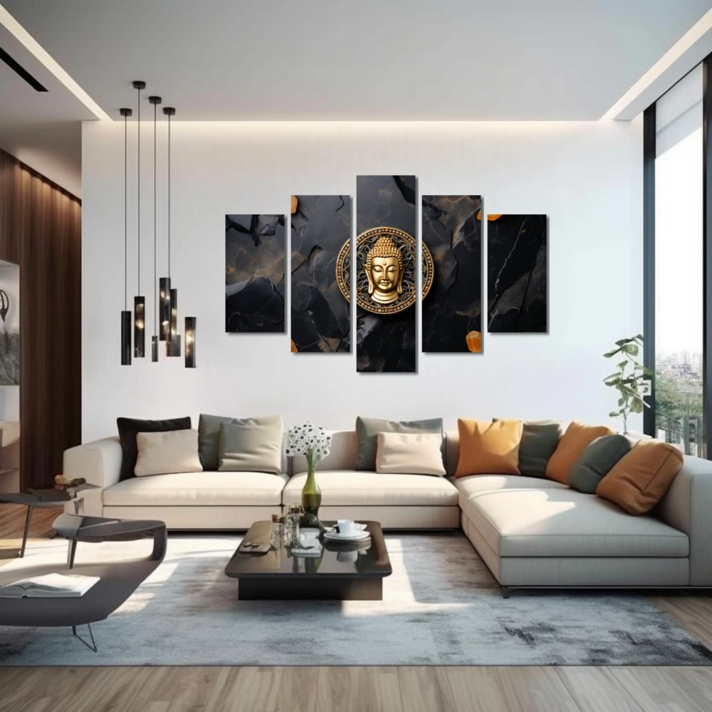 Wall Art titled: The Center of Emotional Balance in a Horizontal format with: Golden, and Black Colors; Decoration the Above Couch wall