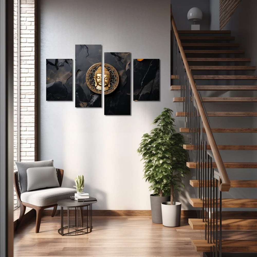 Wall Art titled: The Center of Emotional Balance in a Horizontal format with: Golden, and Black Colors; Decoration the Staircase wall