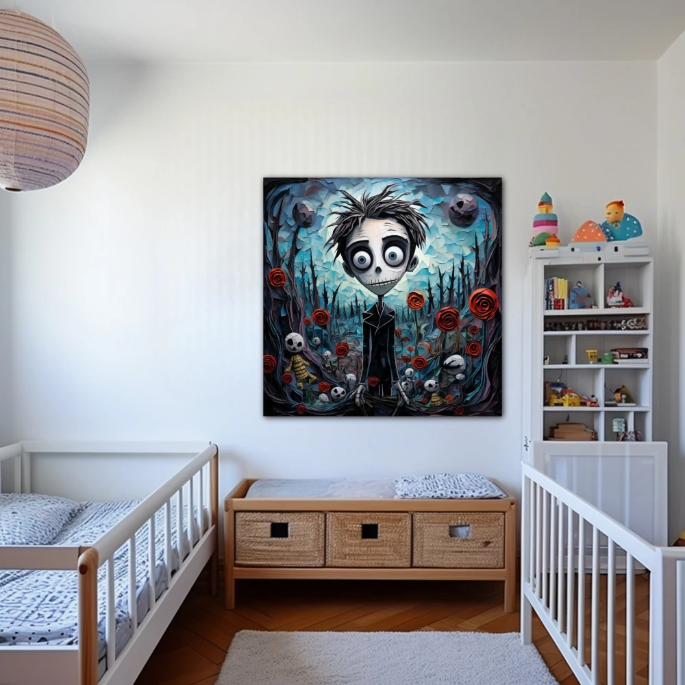 Wall Art titled: The Young Man in the Garden of the Macabre in a Square format with: Sky blue, Black, and Red Colors; Decoration the Nursery wall