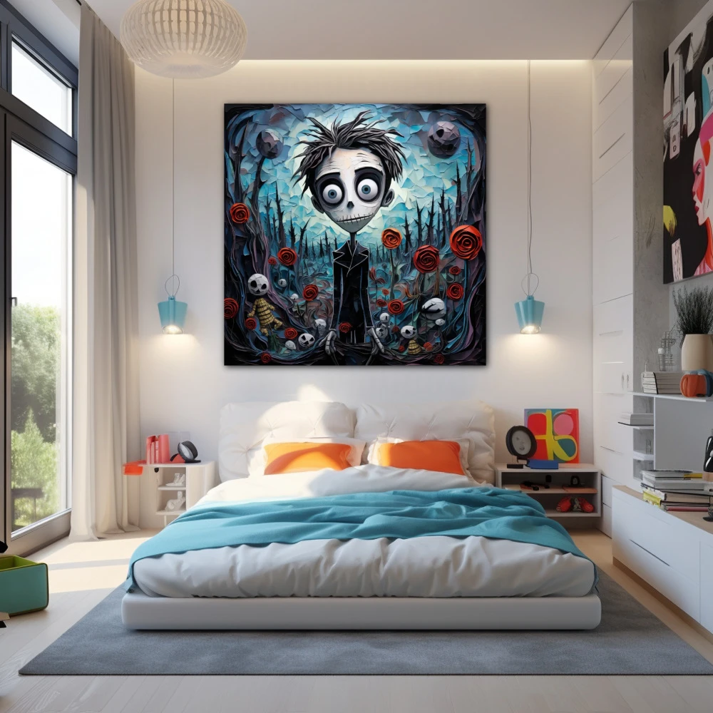 Wall Art titled: The Young Man in the Garden of the Macabre in a Square format with: Sky blue, Black, and Red Colors; Decoration the Teenage wall
