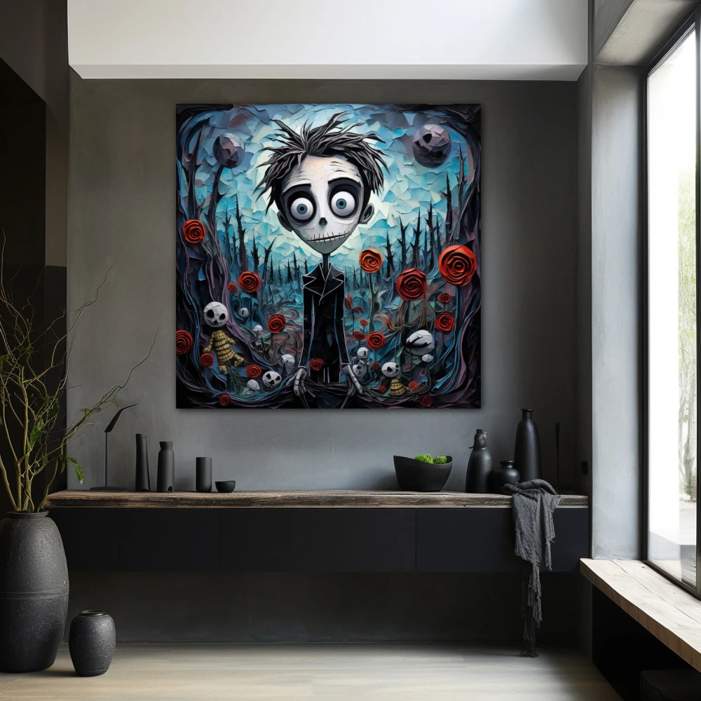 Wall Art titled: The Young Man in the Garden of the Macabre in a Square format with: Sky blue, Black, and Red Colors; Decoration the Black Walls wall