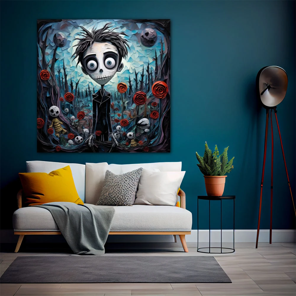 Wall Art titled: The Young Man in the Garden of the Macabre in a Square format with: Sky blue, Black, and Red Colors; Decoration the Living Room wall