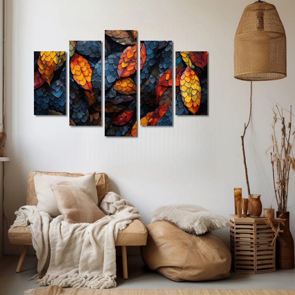 Wall Art titled: Melody of Fallen Colors in a Horizontal format with: Yellow, Blue, and Orange Colors; Decoration the Beige Wall wall