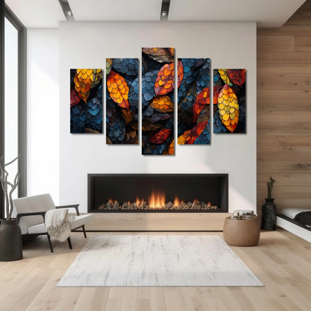 Wall Art titled: Melody of Fallen Colors in a Horizontal format with: Yellow, Blue, and Orange Colors; Decoration the Fireplace wall