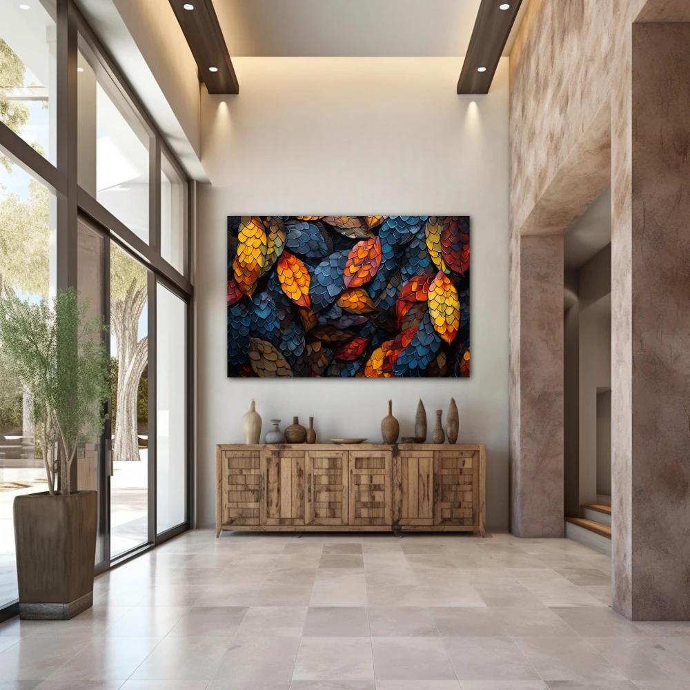 Wall Art titled: Melody of Fallen Colors in a Horizontal format with: Yellow, Blue, and Orange Colors; Decoration the Entryway wall