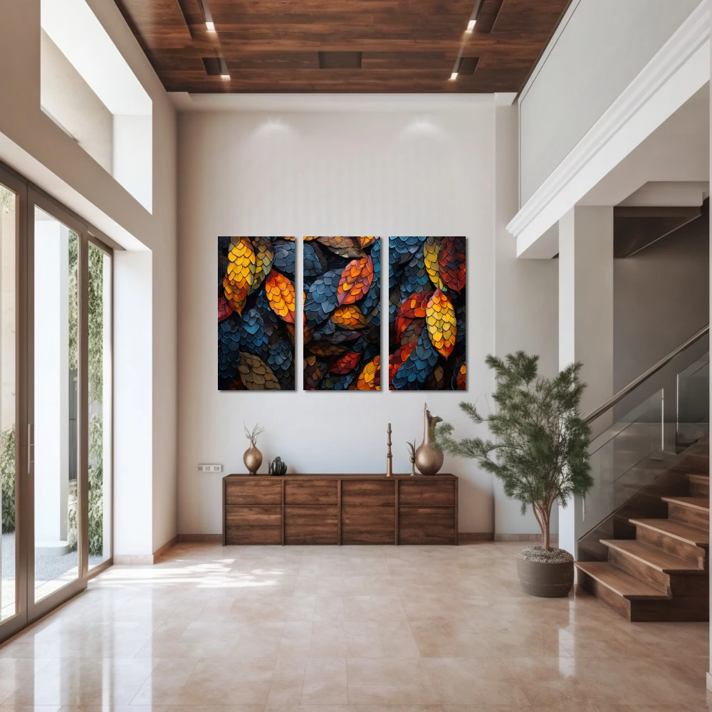 Wall Art titled: Melody of Fallen Colors in a Horizontal format with: Yellow, Blue, and Orange Colors; Decoration the Entryway wall