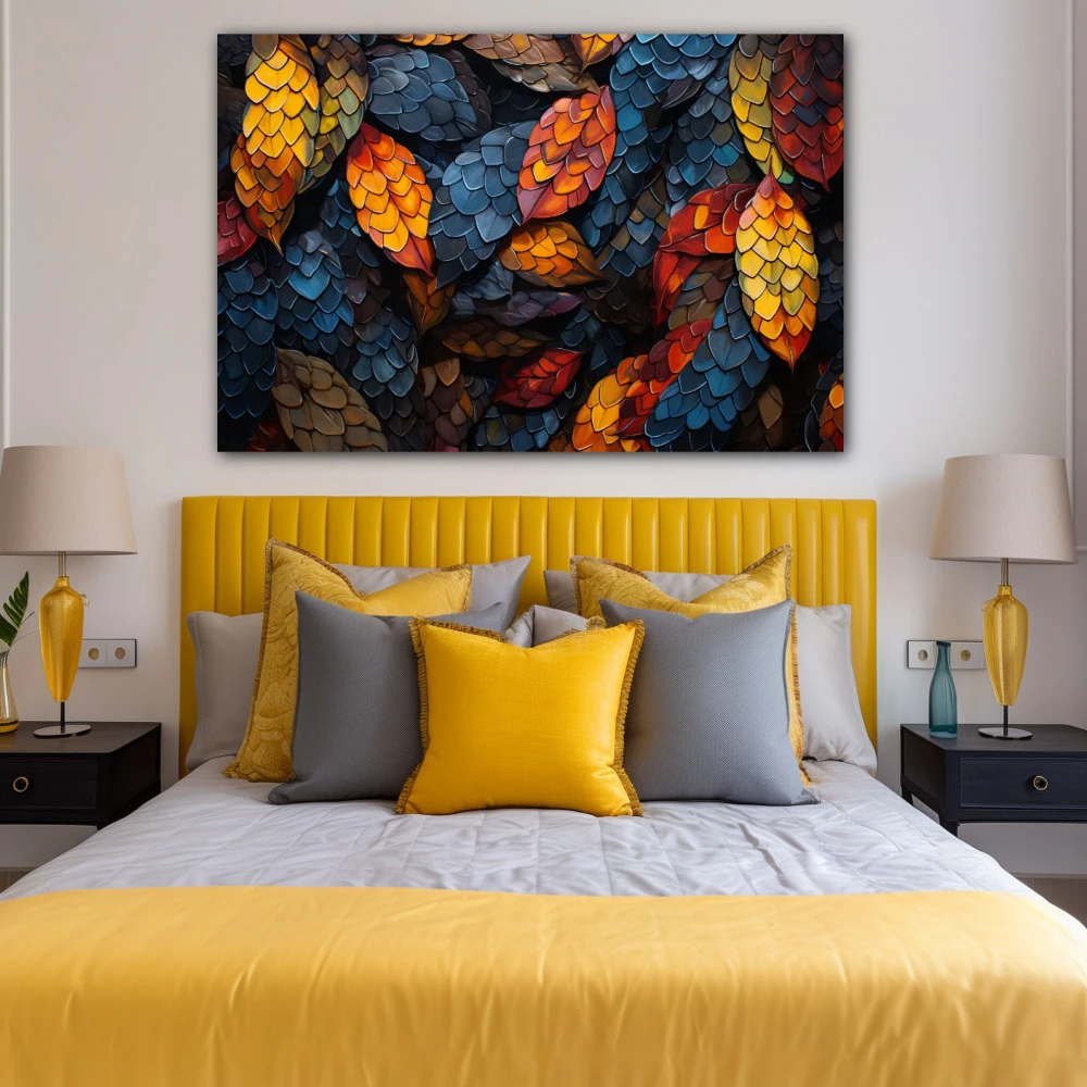 Cuadro melodía de colores caídos en formato horizontal con colores amarillo, azul, naranja; decorando pared de habitación dormitorio