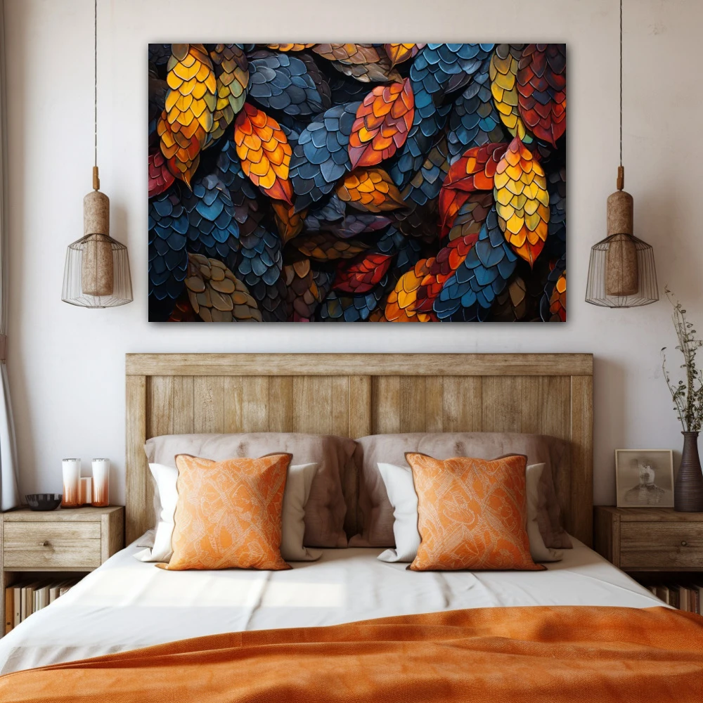 Cuadro melodía de colores caídos en formato horizontal con colores amarillo, azul, naranja; decorando pared de habitación dormitorio