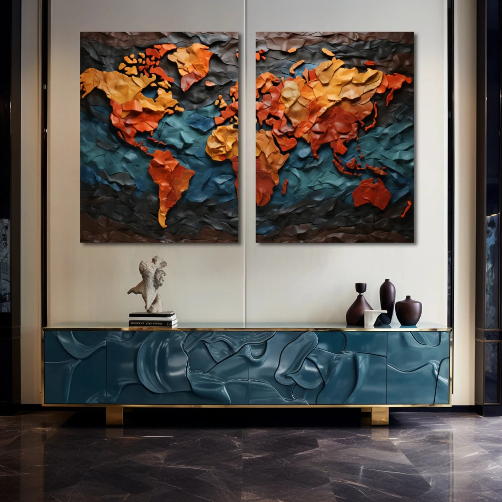 Wall Art titled: Exploring is discovering the unknown in a Horizontal format with: Blue, Mustard, and Orange Colors; Decoration the Sideboard wall