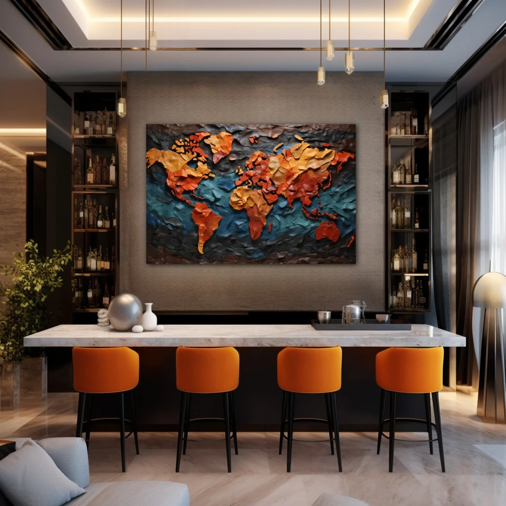 Cuadro explorar es descubrir lo desconocido en formato horizontal con colores azul, mostaza, naranja; decorando pared de bar