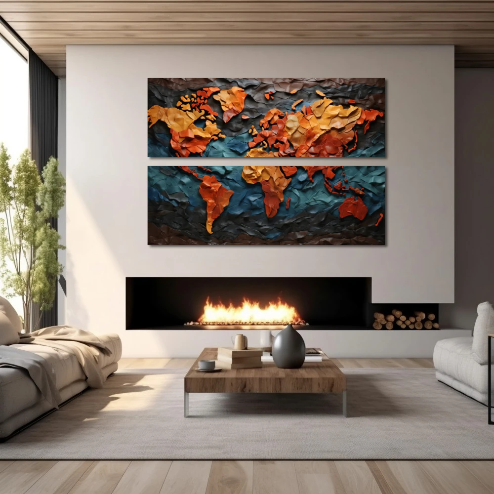Wall Art titled: Exploring is discovering the unknown in a Horizontal format with: Blue, Mustard, and Orange Colors; Decoration the Fireplace wall