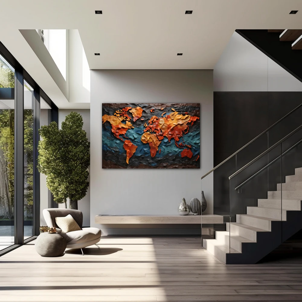 Wall Art titled: Exploring is discovering the unknown in a Horizontal format with: Blue, Mustard, and Orange Colors; Decoration the Staircase wall