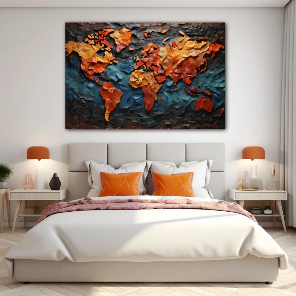 Cuadro explorar es descubrir lo desconocido en formato horizontal con colores azul, mostaza, naranja; decorando pared de habitación dormitorio
