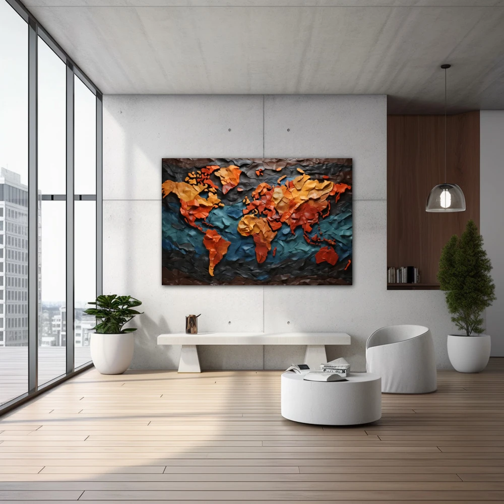 Wall Art titled: Exploring is discovering the unknown in a Horizontal format with: Blue, Mustard, and Orange Colors; Decoration the  wall