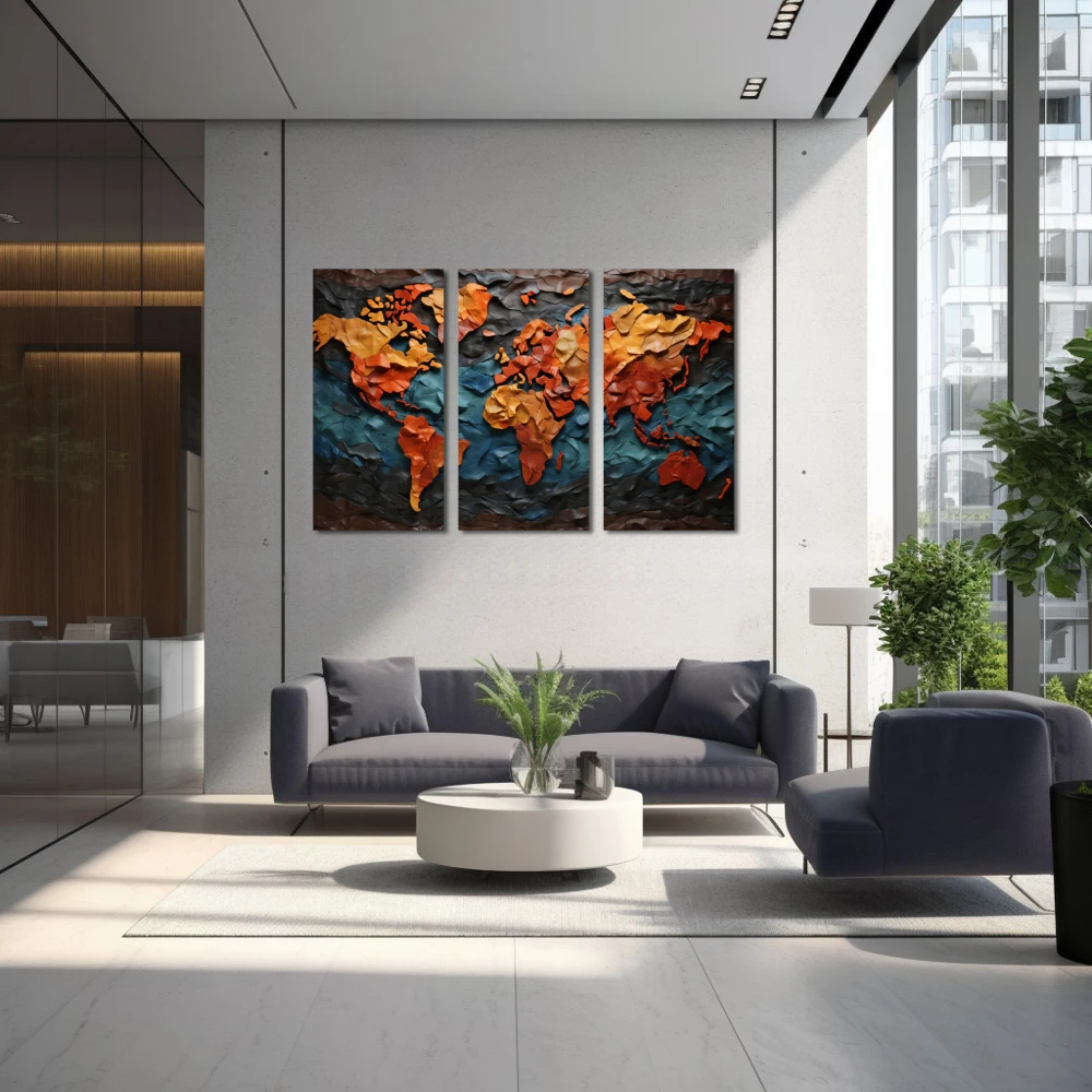 Wall Art titled: Exploring is discovering the unknown in a Horizontal format with: Blue, Mustard, and Orange Colors; Decoration the Inmobiliaria wall