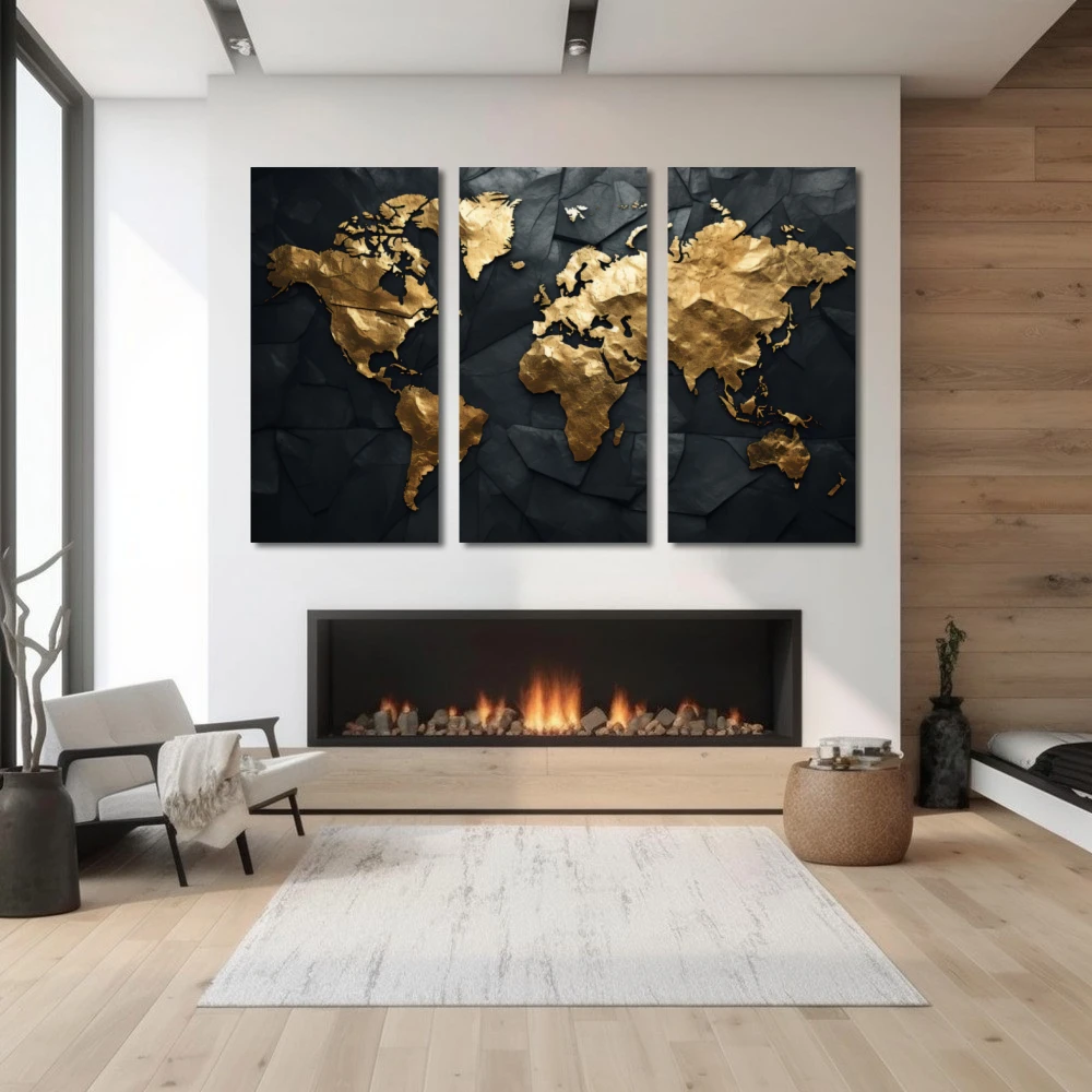 Wall Art titled: Traveling is My Greatest Luxury in a Horizontal format with: Golden, and Black Colors; Decoration the Fireplace wall