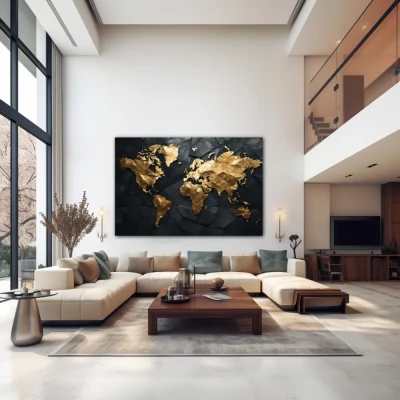 Wall Art titled: Traveling is My Greatest Luxury in a Horizontal format with: Golden, and Black Colors; Decoration the Above Couch wall