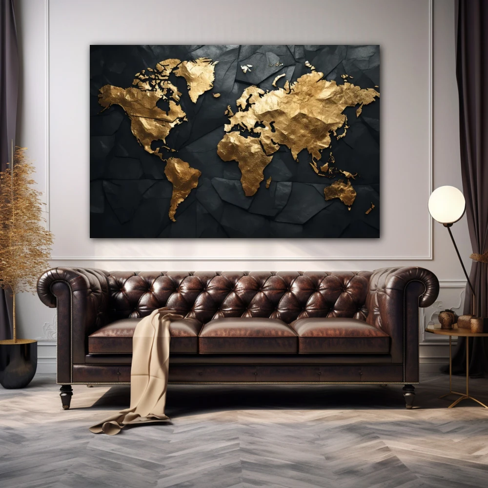 Cuadro viajar es mi mayor lujo en formato horizontal con colores dorado, negro; decorando pared de encima del sofá