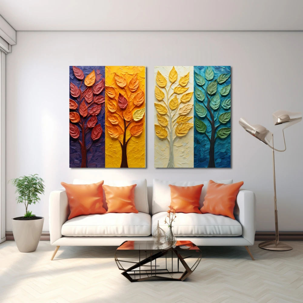 Wall Art titled: Every season brings new emotions in a Horizontal format with: Yellow, and Green Colors; Decoration the White Wall wall
