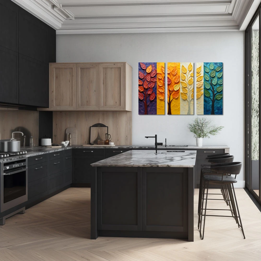 Wall Art titled: Every season brings new emotions in a Horizontal format with: Yellow, and Green Colors; Decoration the Kitchen wall