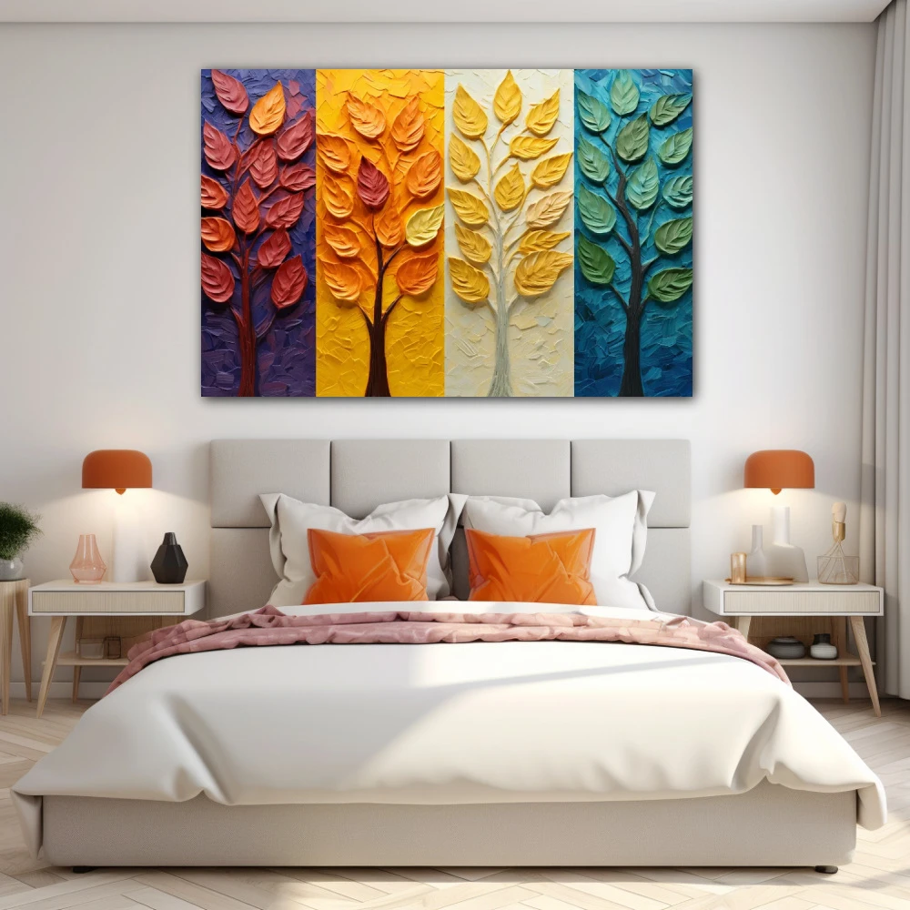 Wall Art titled: Every season brings new emotions in a Horizontal format with: Yellow, and Green Colors; Decoration the Bedroom wall
