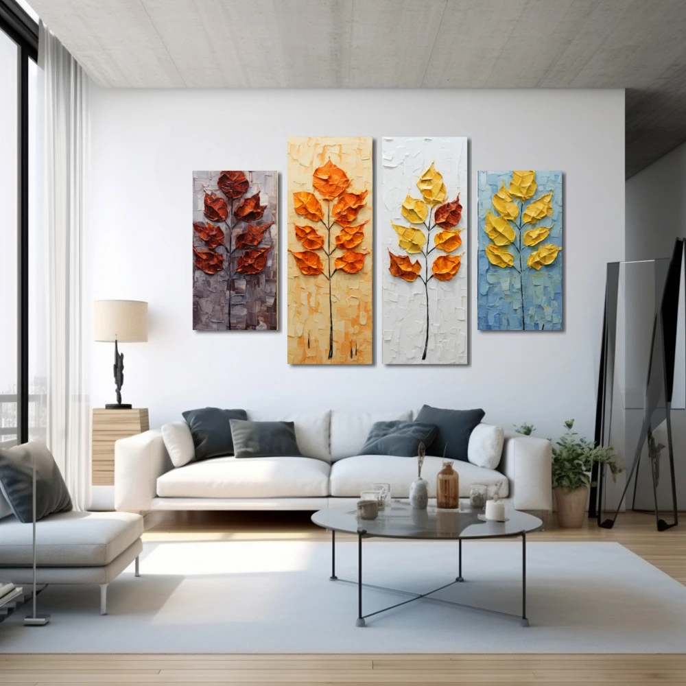 Wall Art titled: Each season has its own magic. in a Horizontal format with: Yellow, Brown, and Orange Colors; Decoration the White Wall wall