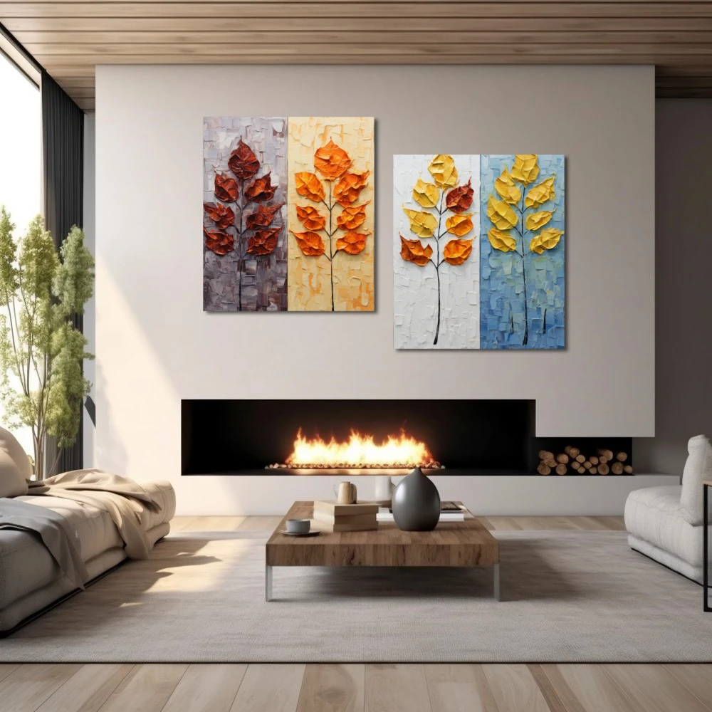 Wall Art titled: Each season has its own magic. in a Horizontal format with: Yellow, Brown, and Orange Colors; Decoration the Fireplace wall