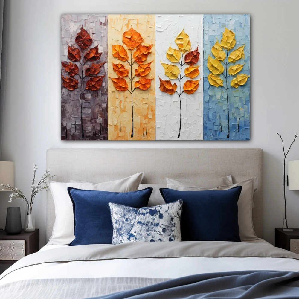 Wall Art titled: Each season has its own magic. in a Horizontal format with: Yellow, Brown, and Orange Colors; Decoration the Bedroom wall
