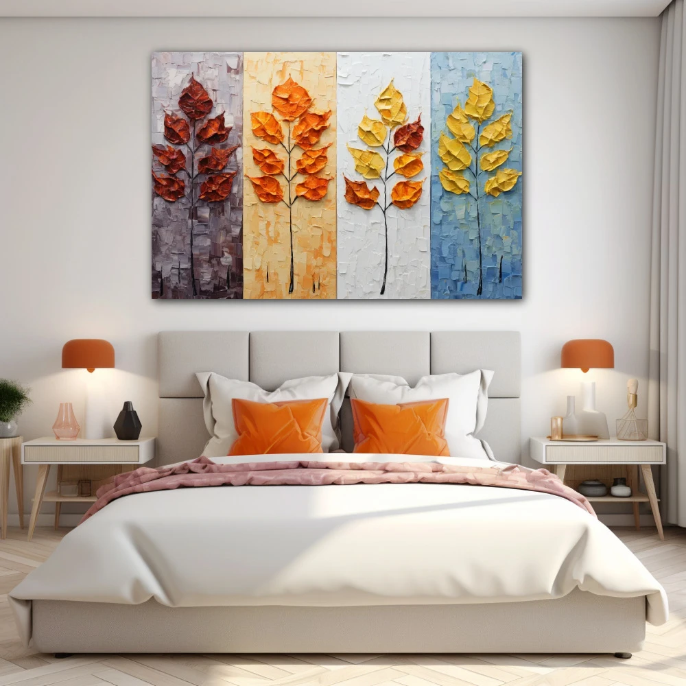 Wall Art titled: Each season has its own magic. in a Horizontal format with: Yellow, Brown, and Orange Colors; Decoration the Bedroom wall