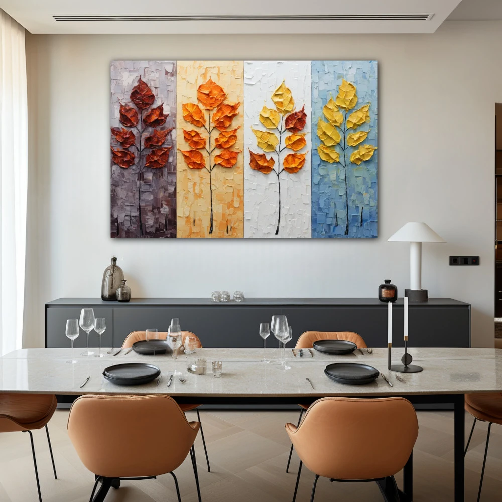 Wall Art titled: Each season has its own magic. in a Horizontal format with: Yellow, Brown, and Orange Colors; Decoration the Living Room wall