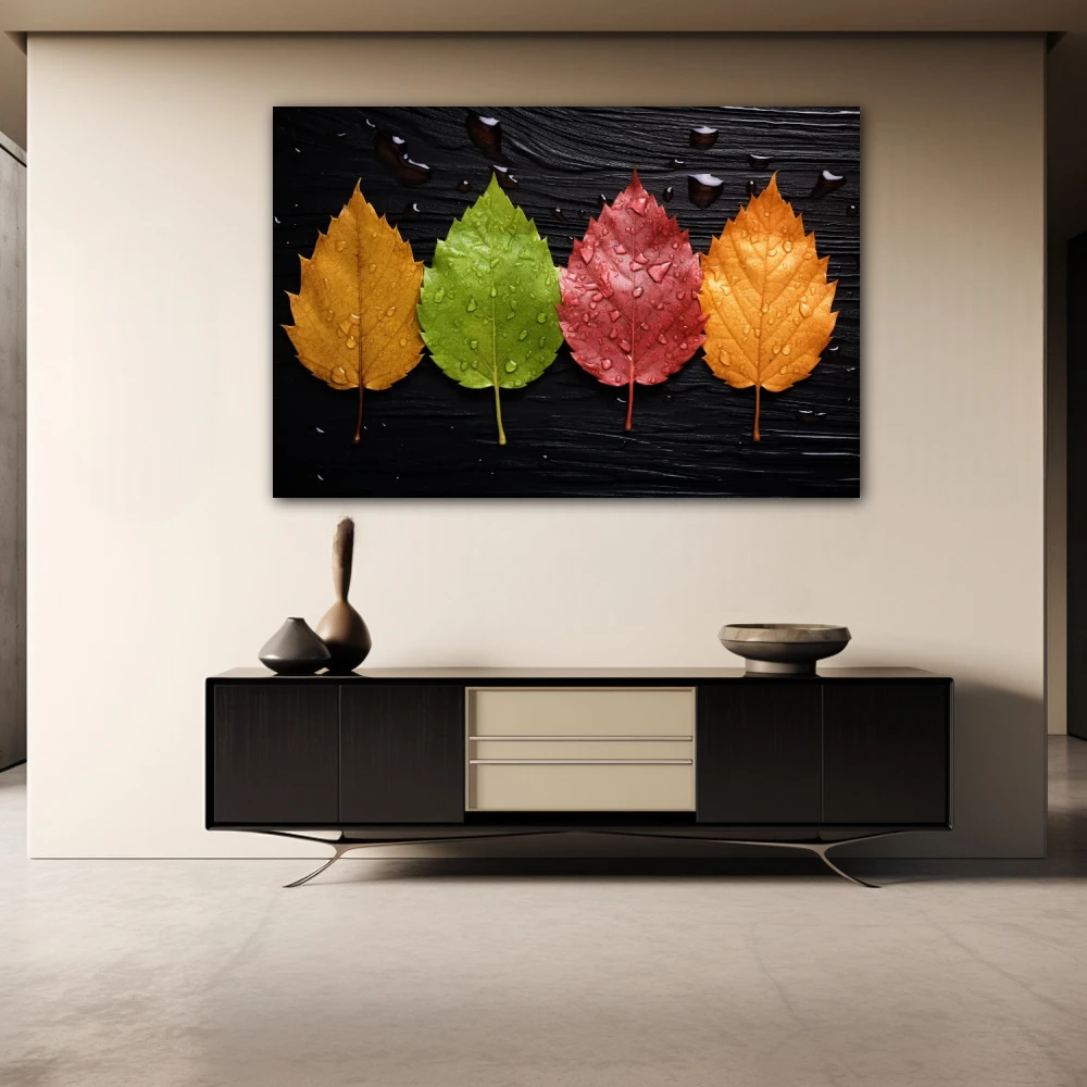 Wall Art titled: Each season has its own color in a Horizontal format with: Orange, Black, Red, and Green Colors; Decoration the Sideboard wall