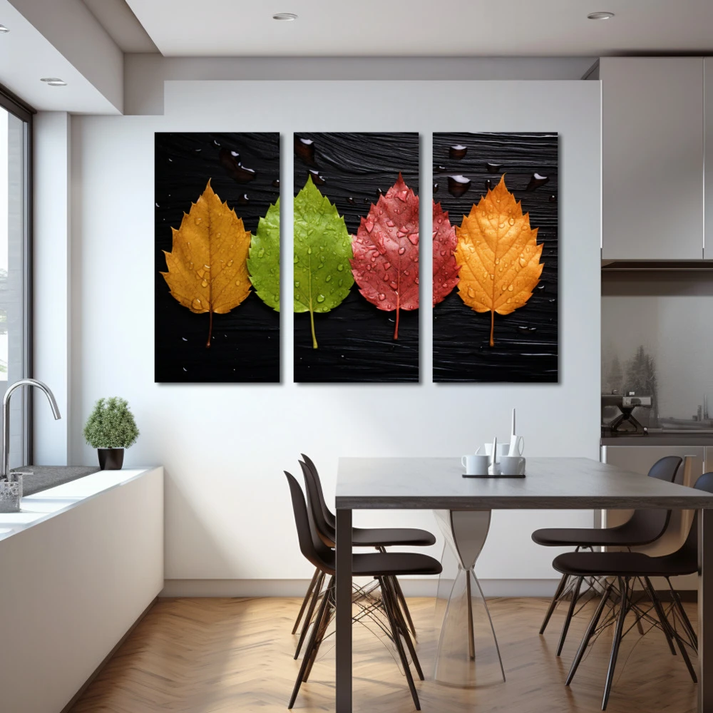 Wall Art titled: Each season has its own color in a Horizontal format with: Orange, Black, Red, and Green Colors; Decoration the Kitchen wall