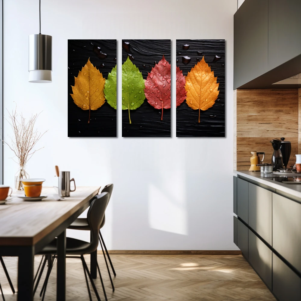 Cuadro cada estación tiene su propio color en formato tríptico con colores naranja, negro, rojo, verde; decorando pared de cocina