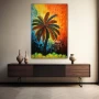 Wall Art titled: Tropical Echoes in a Vertical format with: Blue, Orange, and Green Colors; Decoration the Sideboard wall