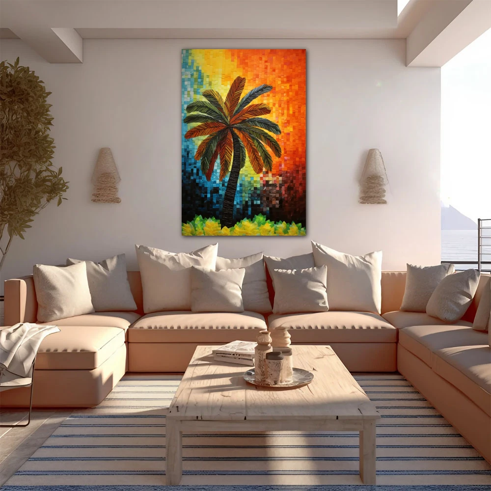 Cuadro ecos tropicales en formato vertical con colores azul, naranja, verde; decorando pared de apartamento en la playa