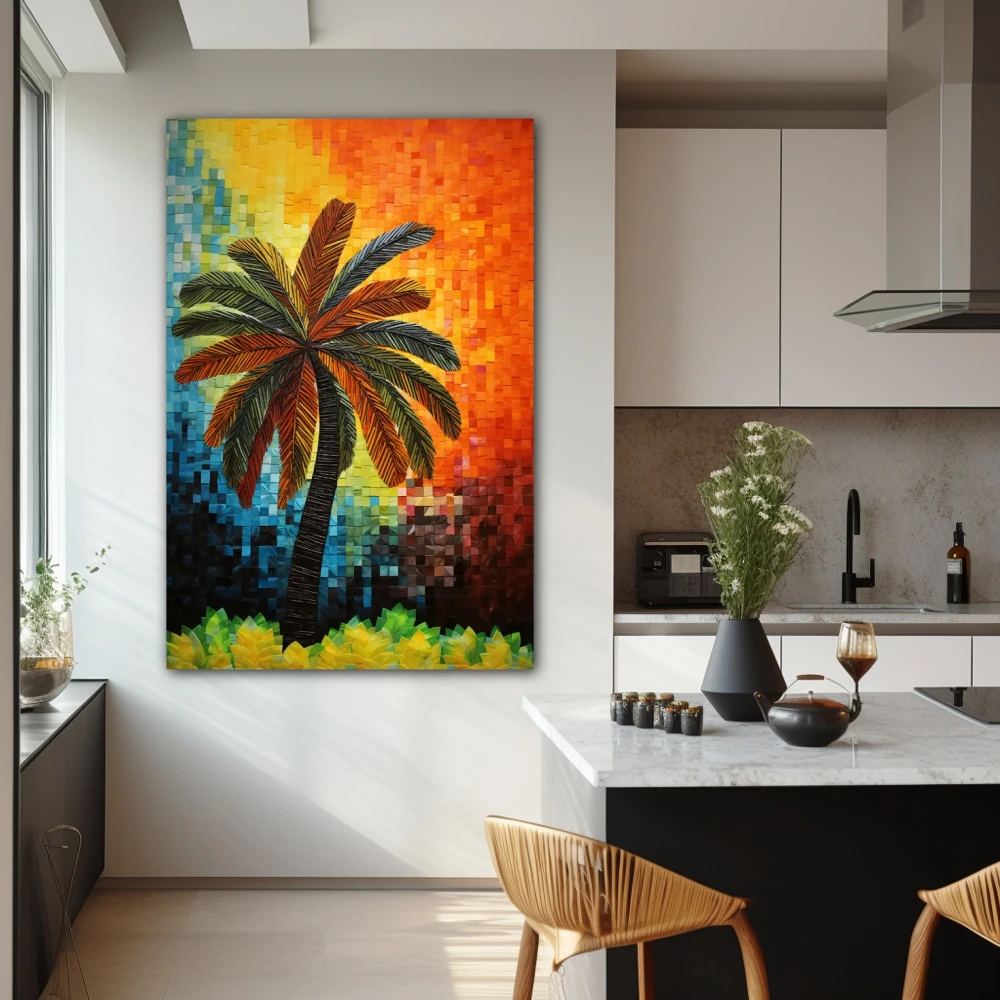 Wall Art titled: Tropical Echoes in a Vertical format with: Blue, Orange, and Green Colors; Decoration the Kitchen wall
