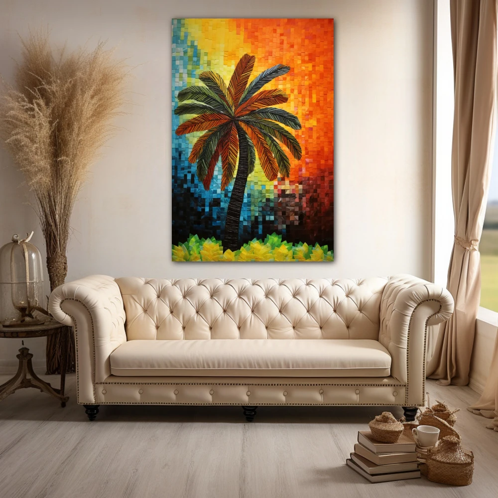 Wall Art titled: Tropical Echoes in a Vertical format with: Blue, Orange, and Green Colors; Decoration the Above Couch wall