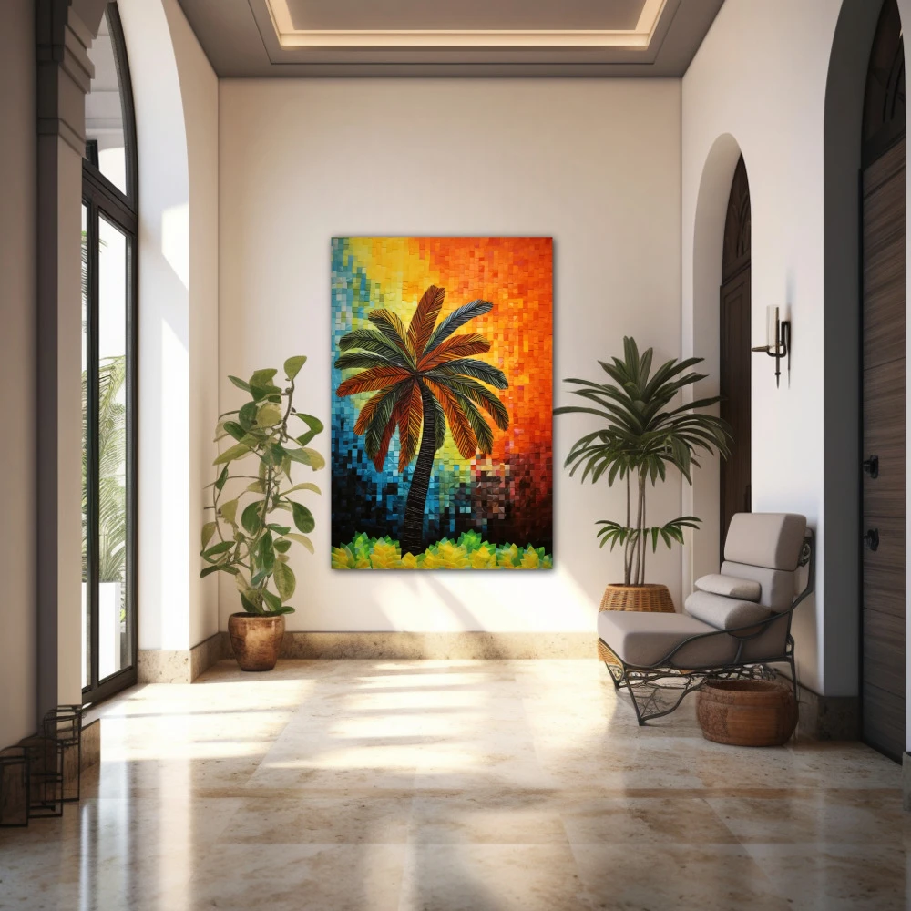 Wall Art titled: Tropical Echoes in a Vertical format with: Blue, Orange, and Green Colors; Decoration the Entryway wall
