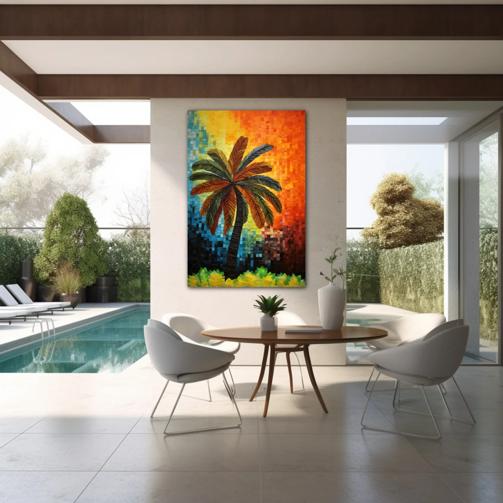 Wall Art titled: Tropical Echoes in a Vertical format with: Blue, Orange, and Green Colors; Decoration the Outdoor wall