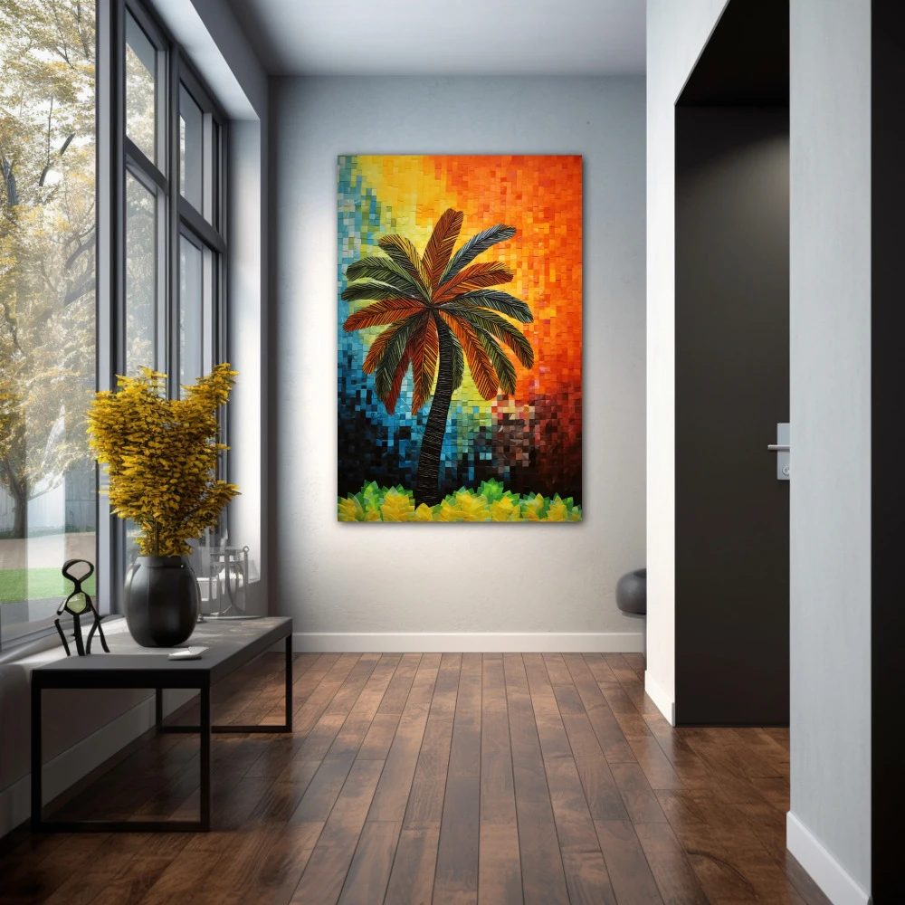 Wall Art titled: Tropical Echoes in a Vertical format with: Blue, Orange, and Green Colors; Decoration the Hallway wall