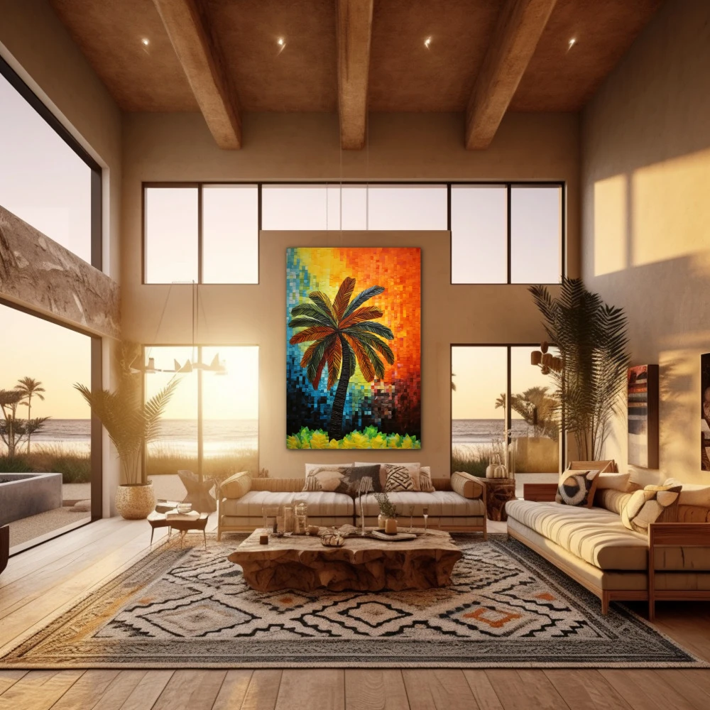 Wall Art titled: Tropical Echoes in a Vertical format with: Blue, Orange, and Green Colors; Decoration the Living Room wall