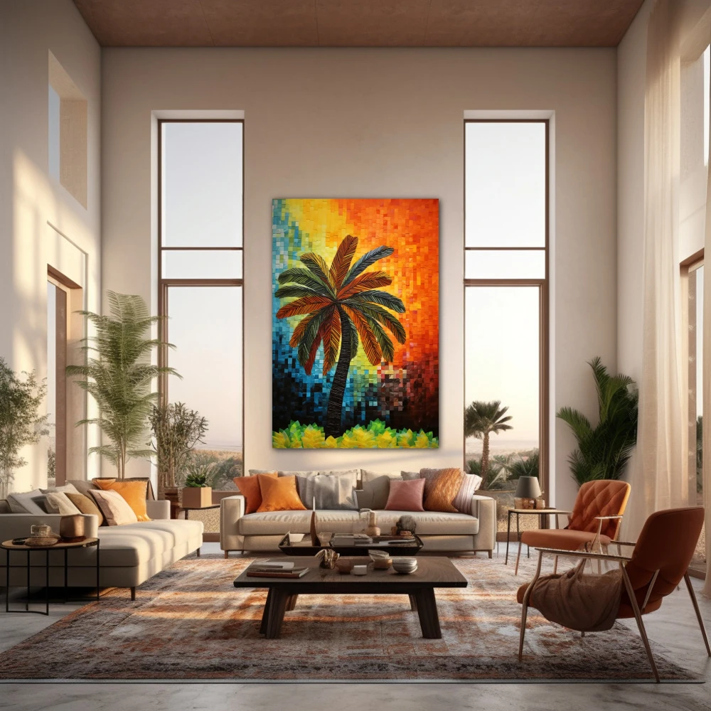 Wall Art titled: Tropical Echoes in a Vertical format with: Blue, Orange, and Green Colors; Decoration the Living Room wall