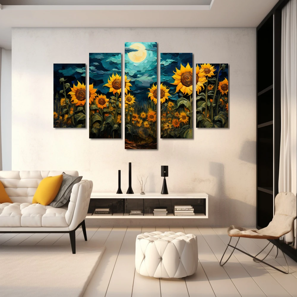 Wall Art titled: Sunflower Night in a Horizontal format with: Yellow, Blue, and Green Colors; Decoration the White Wall wall
