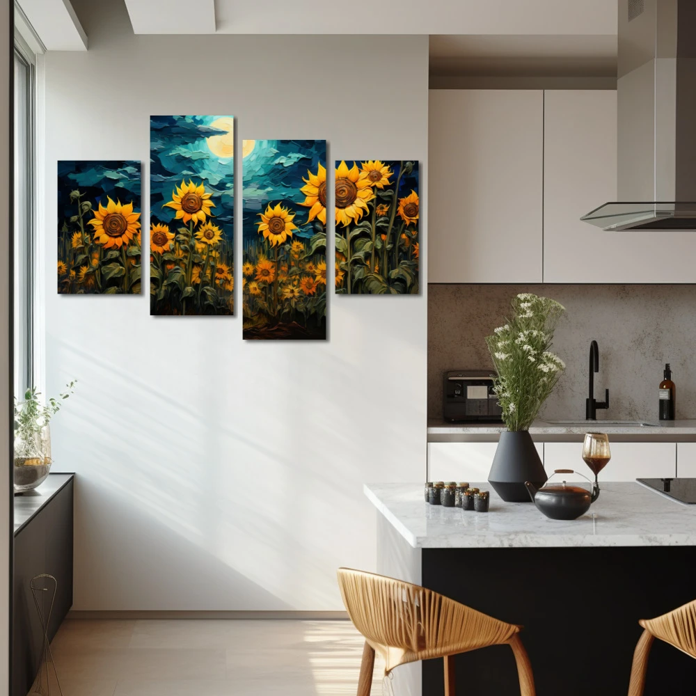 Wall Art titled: Sunflower Night in a Horizontal format with: Yellow, Blue, and Green Colors; Decoration the Kitchen wall