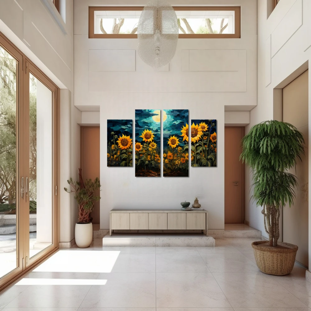 Wall Art titled: Sunflower Night in a Horizontal format with: Yellow, Blue, and Green Colors; Decoration the Entryway wall