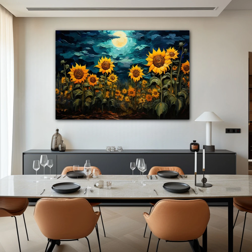 Wall Art titled: Sunflower Night in a Horizontal format with: Yellow, Blue, and Green Colors; Decoration the Living Room wall
