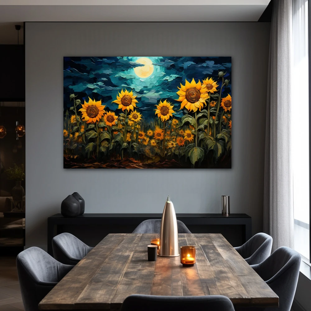 Wall Art titled: Sunflower Night in a Horizontal format with: Yellow, Blue, and Green Colors; Decoration the Living Room wall