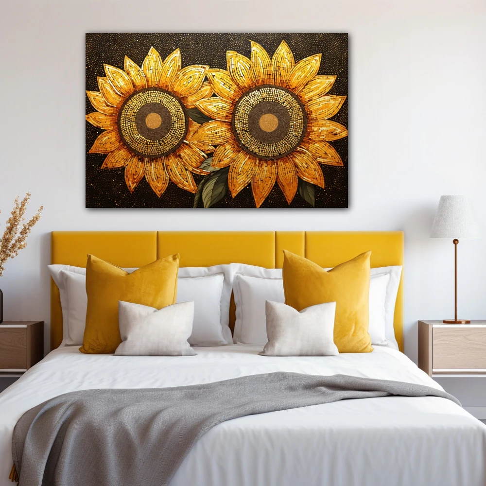 Cuadro luz y vida en formato horizontal con colores amarillo, marrón, naranja; decorando pared de habitación dormitorio