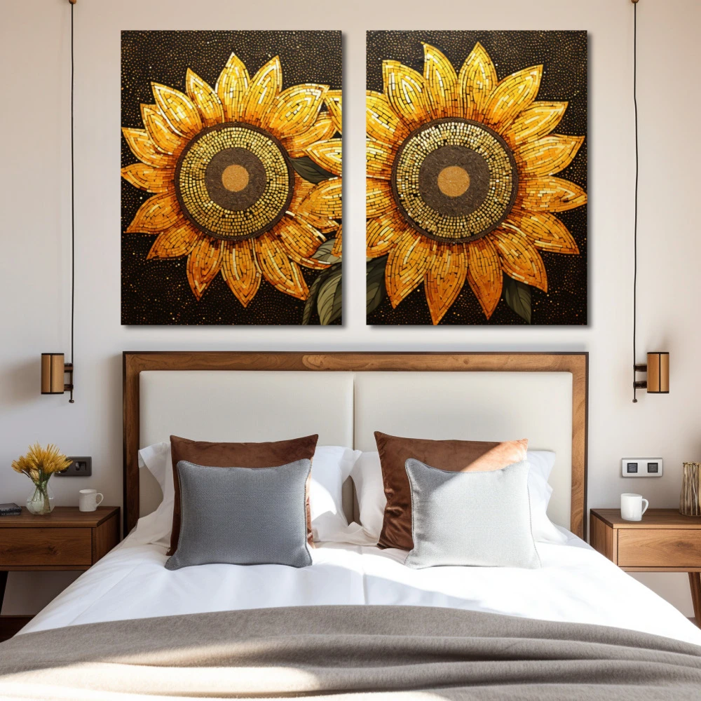 Cuadro luz y vida en formato díptico con colores amarillo, marrón, naranja; decorando pared de habitación dormitorio