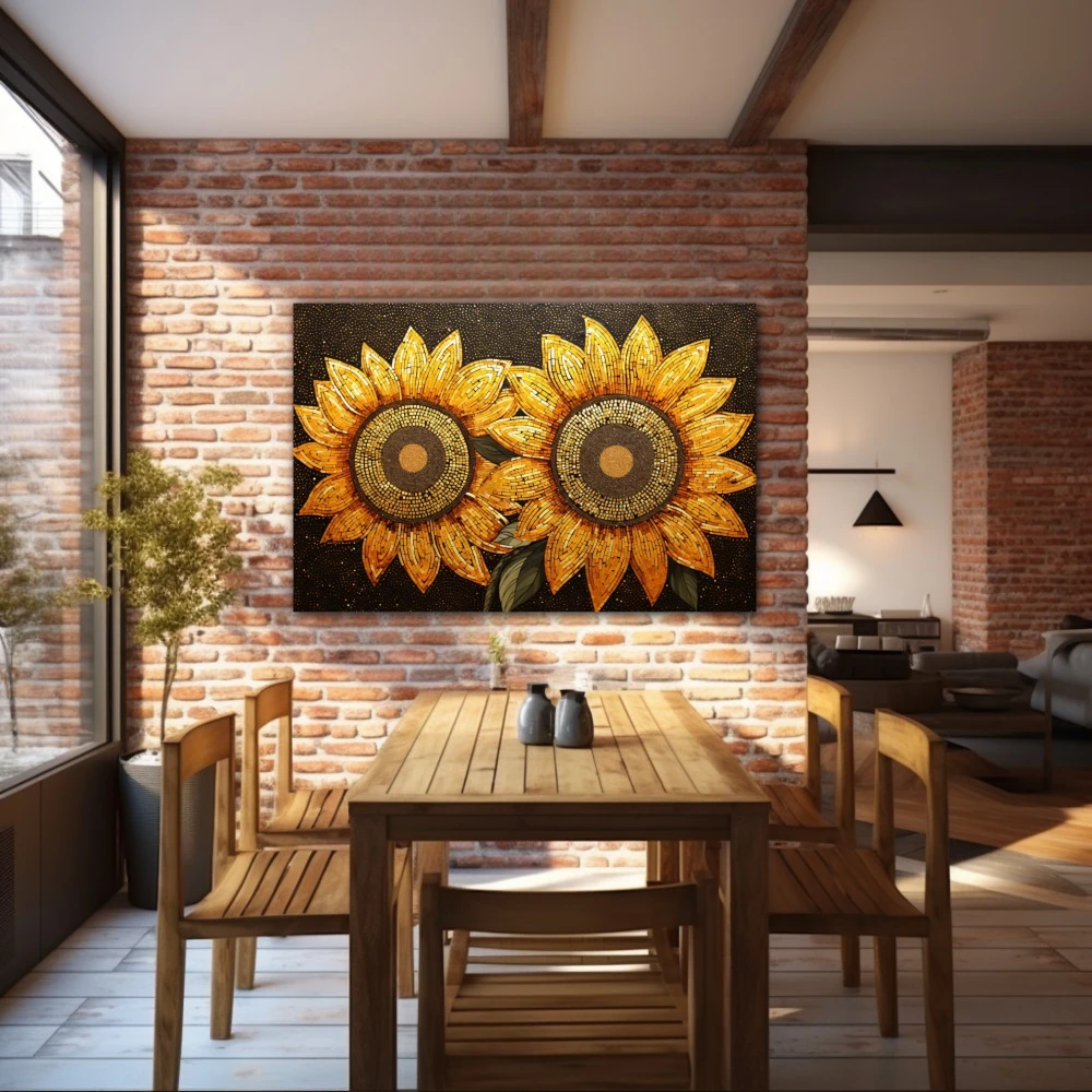 Cuadro luz y vida en formato horizontal con colores amarillo, marrón, naranja; decorando pared ladrillos